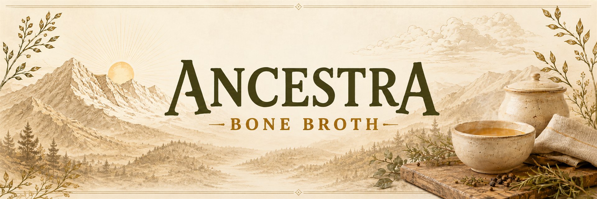 Ancestra Bone Broth: ilustración de montañas al amanecer con guirnaldas de laurel, junto a un tazón de caldo humeante y hierbas frescas