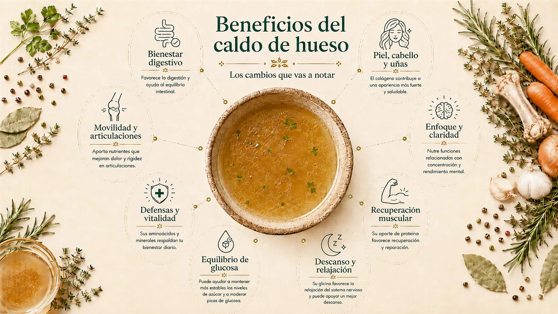 Beneficios del caldo de hueso, los cambios que vas a notar: bienestar digestivo; piel, cabello y uñas; movilidad y articulaciones; enfoque y claridad; defensas y vitalidad; equilibrio de glucosa; descanso y relajación; recuperación muscular.